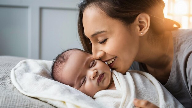 Foto una mujer sostiene a un bebé y el bebé está sonriendo