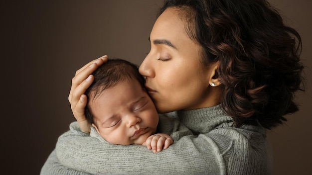 Foto una mujer sostiene a un bebé y le besa la cara