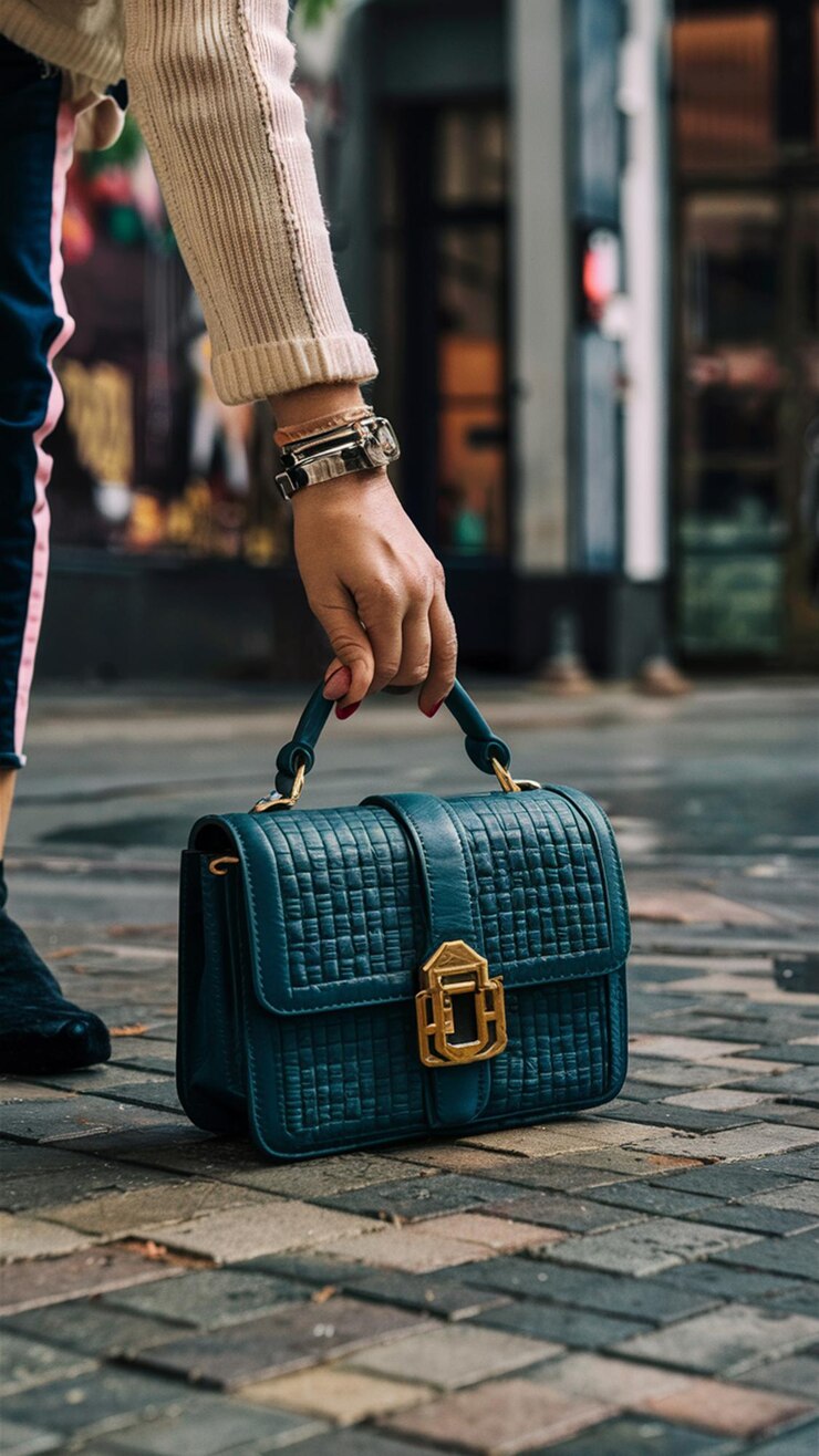 Una mujer sostiene una bolsa azul con una letra dorada en ella