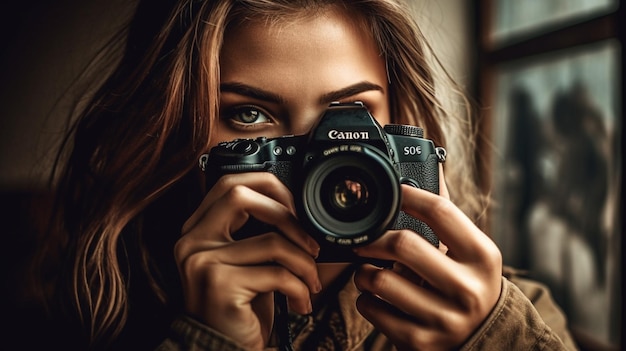 Una mujer sostiene una cámara canon frente a una ventana.