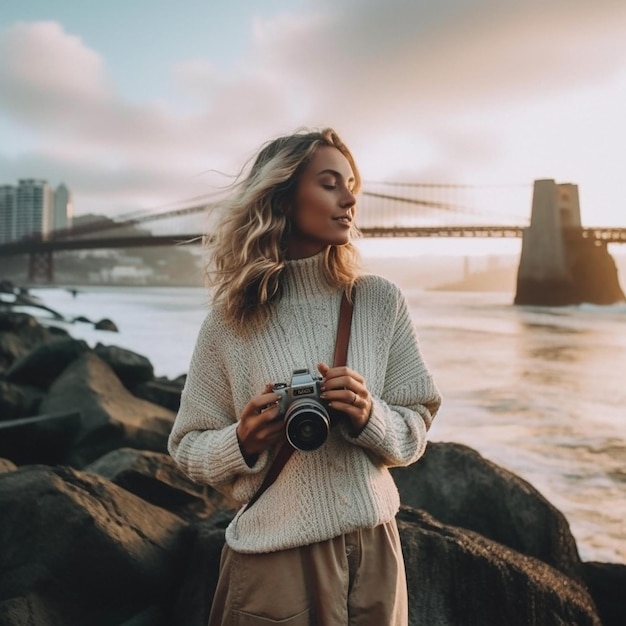 Una mujer sostiene una cámara frente a un puente que está en san francisco.