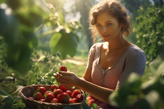 Una mujer sostiene una canasta de fresas en un jardín.