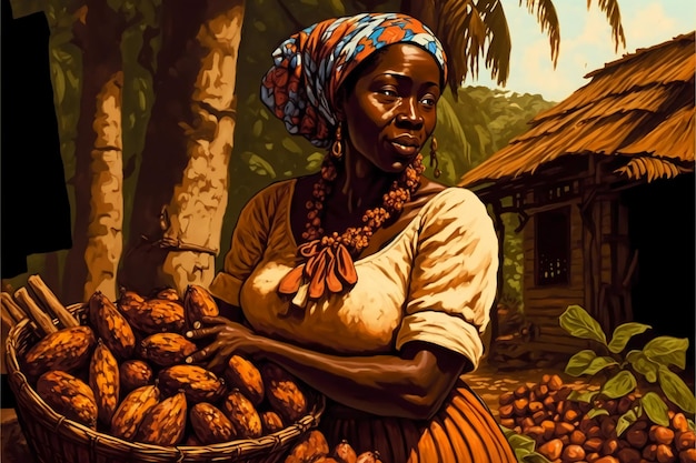 Una mujer sostiene una canasta de granos de cacao.