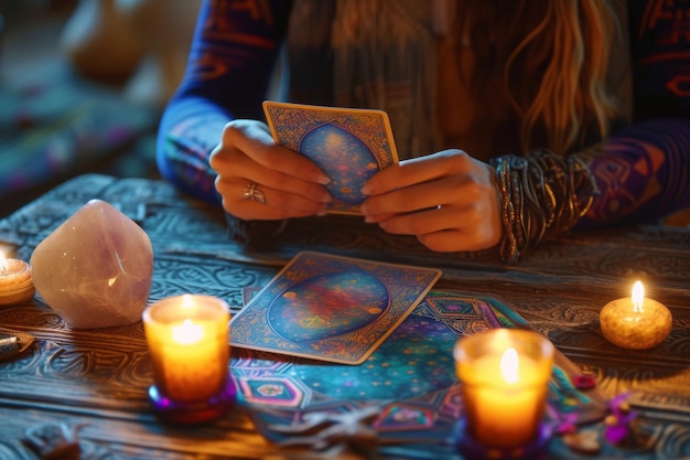 Foto una mujer sostiene una carta del tarot mientras está rodeada de velas encendidas practicante de salud holística leyendo una carta del tarot generada por ia