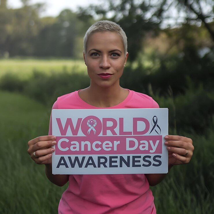 una mujer sostiene un cartel que dice día mundial del cáncer
