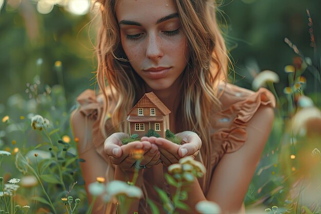 una mujer sostiene una casa en sus manos y la casa está en el fondo