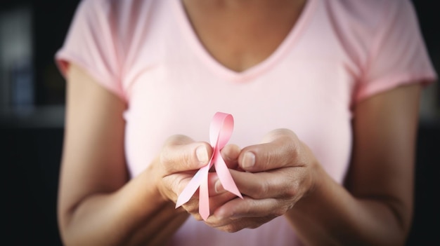 Una mujer sostiene una cinta rosa en sus manos.