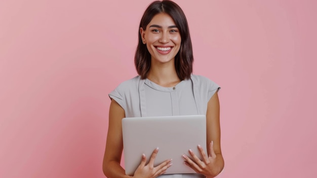 una mujer sostiene una computadora portátil en sus brazos de pie contra un fondo rosa suave