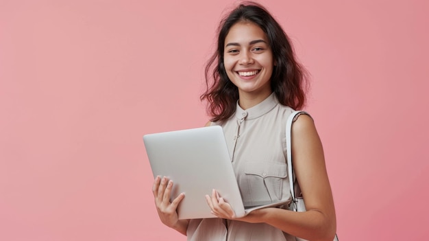 una mujer sostiene una computadora portátil en sus brazos de pie contra un fondo rosa suave