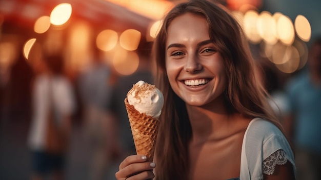 Una mujer sostiene un cono de helado en verano