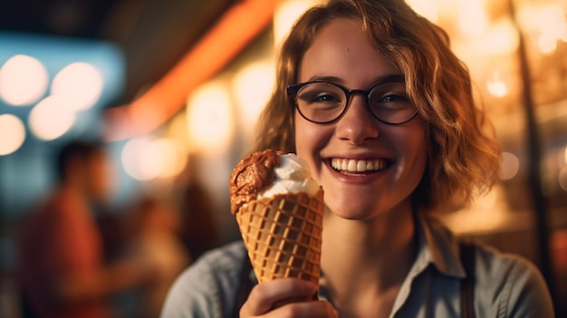 Una mujer sostiene un cono de helado en verano
