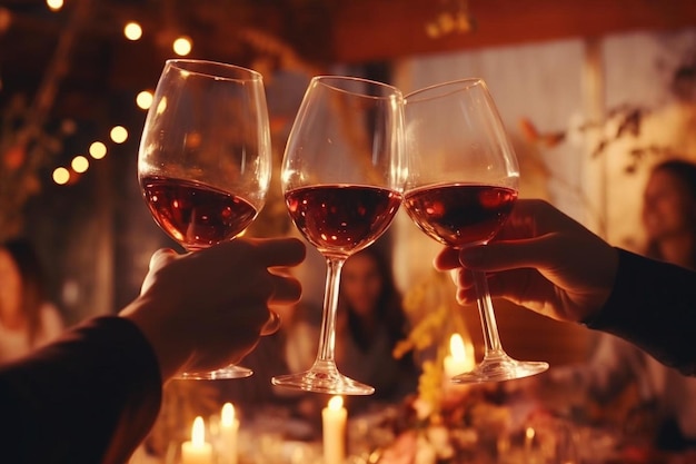 una mujer sostiene copas de vino con un árbol de navidad en el fondo.