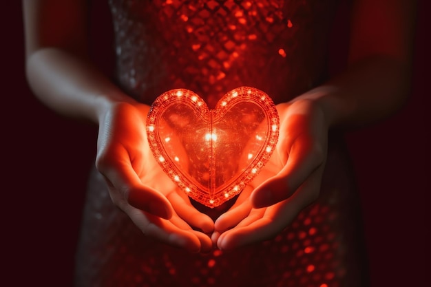 Una mujer sostiene un corazón con luces LED en sus manos.