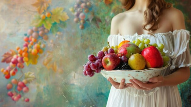 Una mujer sostiene un cuenco lleno de fruta