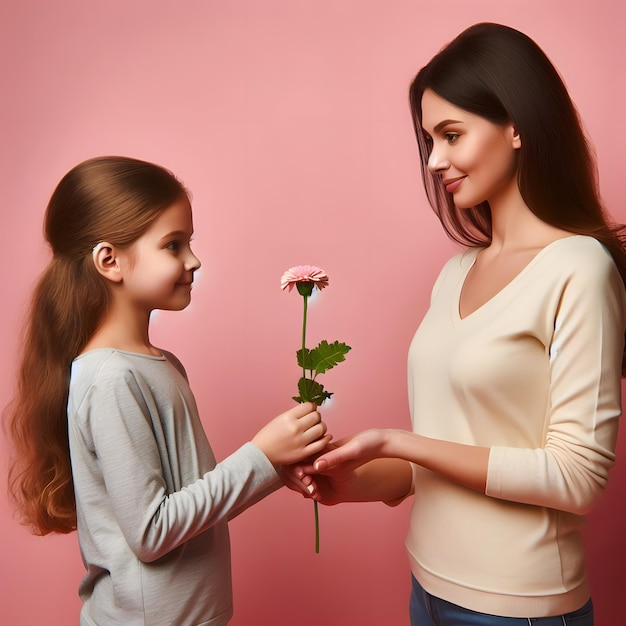 una mujer sostiene una flor con una niña en el fondo