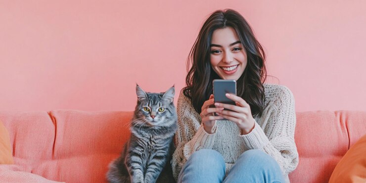 una mujer sostiene un gato y un teléfono