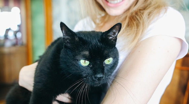 La mujer sostiene un hermoso gato negro en sus manos. Mascota casera.