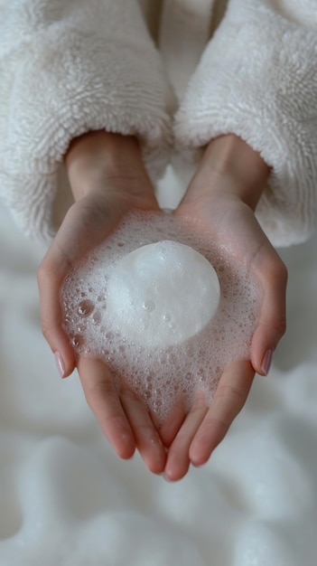 Una mujer sostiene jabón blanco en sus manos sobre un baño de espuma perfumado Se lava las manos mostrando el cuidado diario de la piel