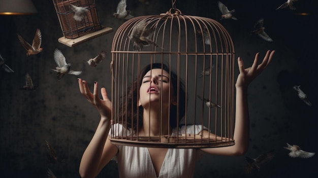 Foto una mujer sostiene una jaula de pájaros con la palabra libertad.