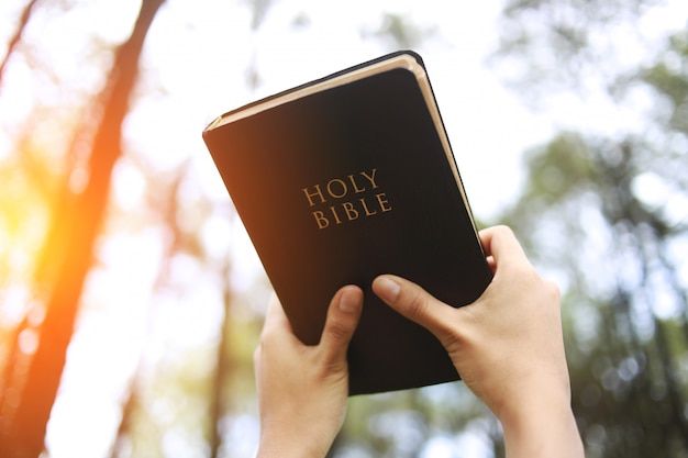 Foto mujer sostiene un libro de la biblia.