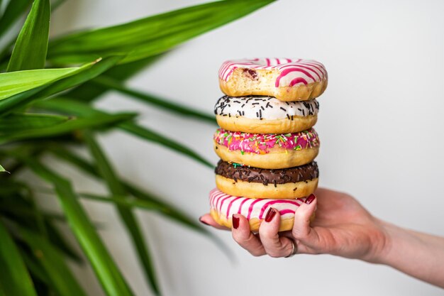 La mujer sostiene en la mano una pila colorida de donuts glaseados. Fondo blanco. Vista superior. Copie el espacio.