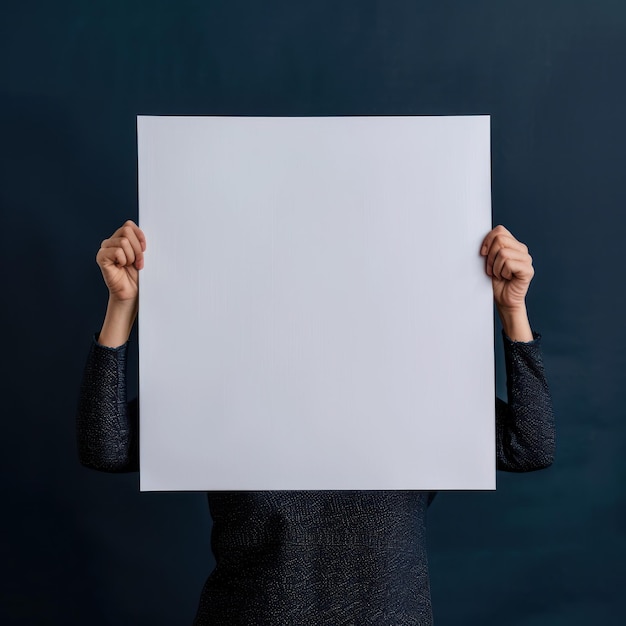 mujer sostiene una maqueta de póster de papel en las manos con fondo azul oscuro sólido