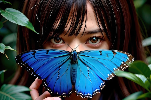 Una mujer sostiene una mariposa.