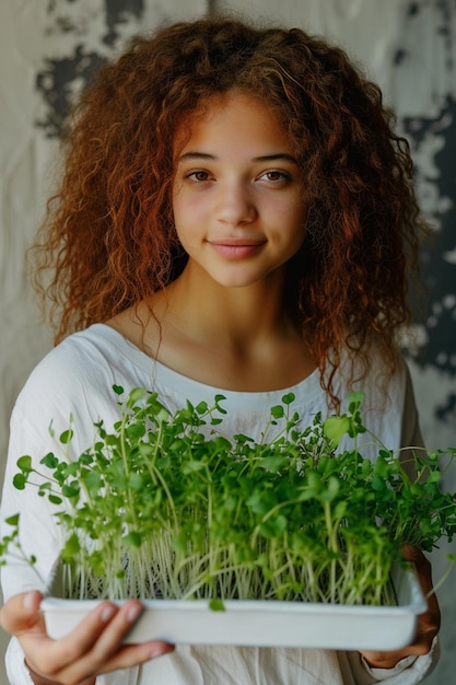 mujer sostiene microgreens en sus manos en primer plano