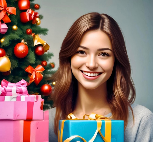 Foto una mujer sostiene un montón de regalos con un árbol detrás de ella