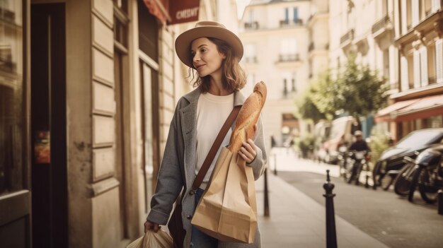 Mujer sostiene pan Parisien Baguette en una bolsa de papel biodegradable