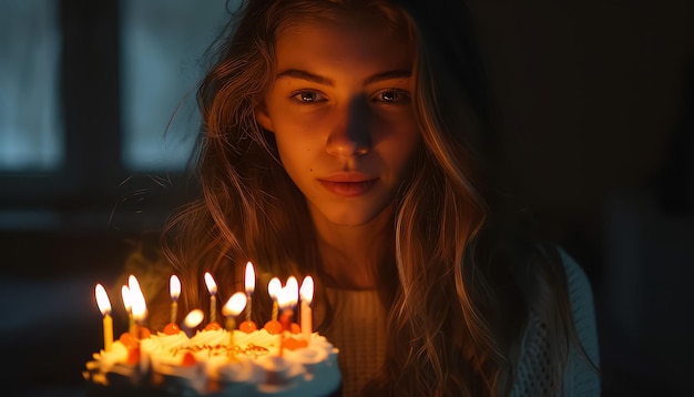 Una mujer sostiene un pastel con velas en él