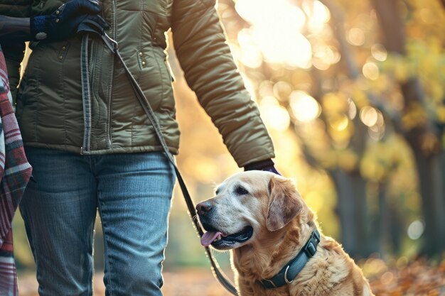 Foto una mujer sostiene a un perro en una correa y un hombre sostiene una correa