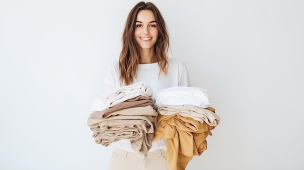 La mujer sostiene la pila de ropa.