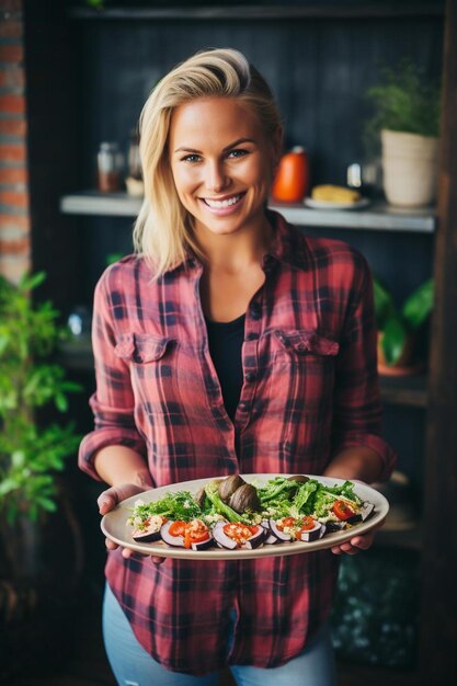 una mujer sostiene un plato de comida