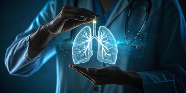 una mujer sostiene unos pulmones en forma de corazón con una luz verde en el fondo