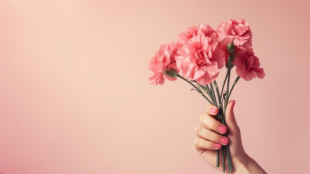 Foto una mujer sostiene un ramo de flores de clavel rosa