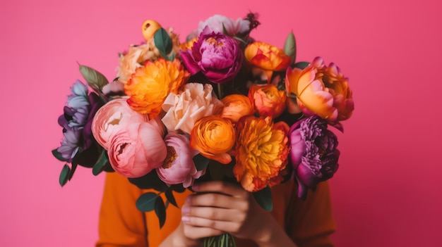 Una mujer sostiene un ramo de flores frente a su rostro.