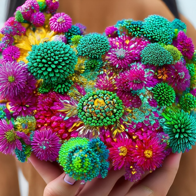 Una mujer sostiene un ramo de flores en sus manos.