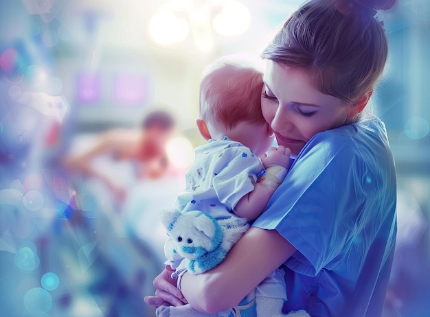 Foto una mujer sostiene a un recién nacido en una cama de hospital