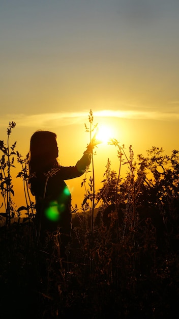 Una mujer sostiene el sol en un campo de flores.