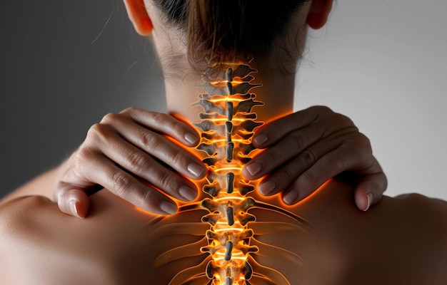 La mujer sostiene su cuello en dolor con la columna vertebral brillante