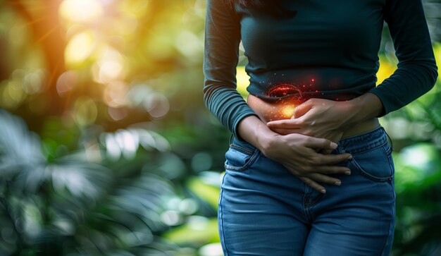 Una mujer sostiene su estómago dolor de estómago durante la menstruación o estreñimiento u otra enfermedad