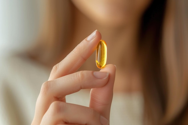 Una mujer sostiene en su mano una cápsula transparente amarilla con vitamina D o omega3 en minimalismo de primer plano