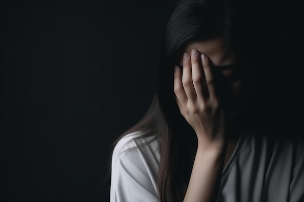 Una mujer sostiene su rostro en una habitación oscura.