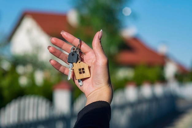 Una mujer sostiene en sus manos las llaves de la casa en el contexto de edificios residenciales Concepto para comprar y alquilar apartamentos