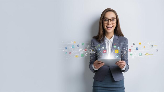 Foto una mujer sostiene una tableta con la palabra tecnología en ella