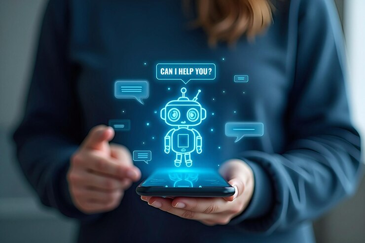 una mujer sostiene una tableta con un robot en la pantalla