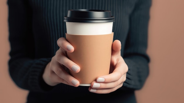 Una mujer sostiene una taza de café en sus manos.