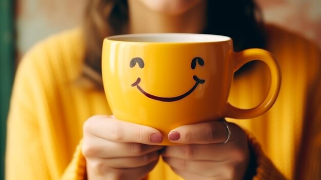 Foto una mujer sostiene una taza con una sonrisa