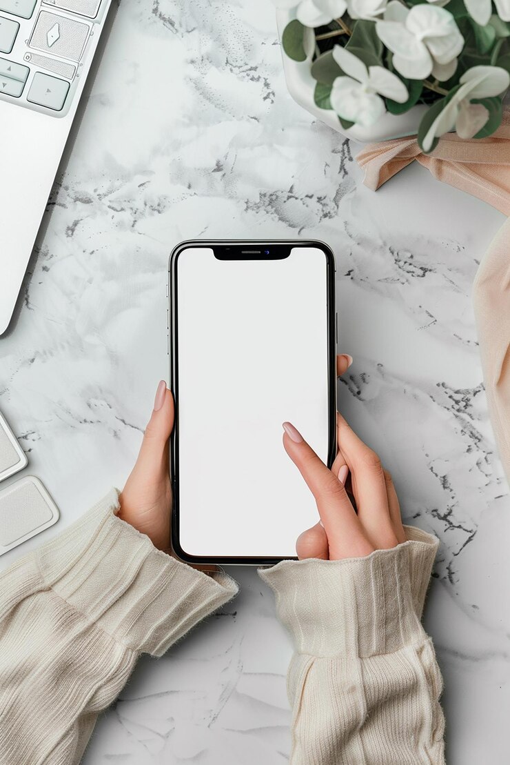 una mujer sostiene un teléfono con una cubierta blanca y la palabra "x" en él
